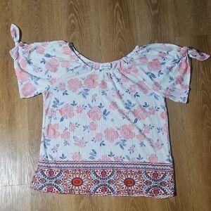 Pink and White Tie Front Blouse with Short Sleeves